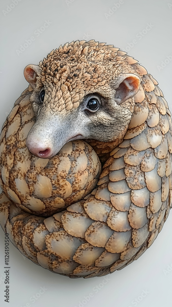 Obraz premium Close-up of a pangolin curled into a ball, showcasing its unique scales and features.