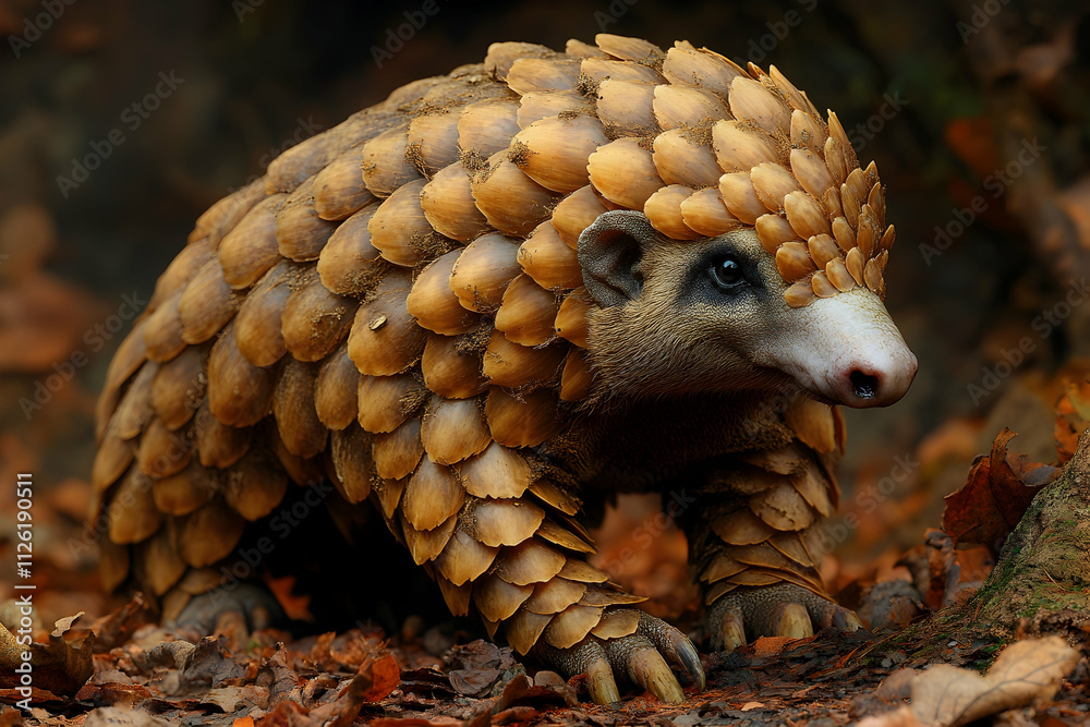 Close-up of a pangolin on forest floor. Close-up of a pangolin on forest floor.