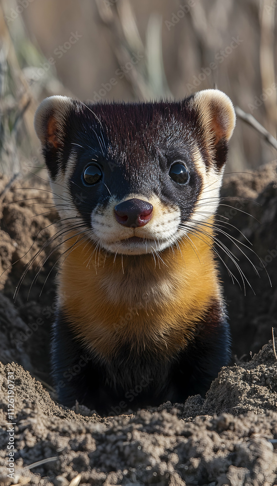 Fototapeta premium Close-up of a yellow-bellied marten peering from its burrow.