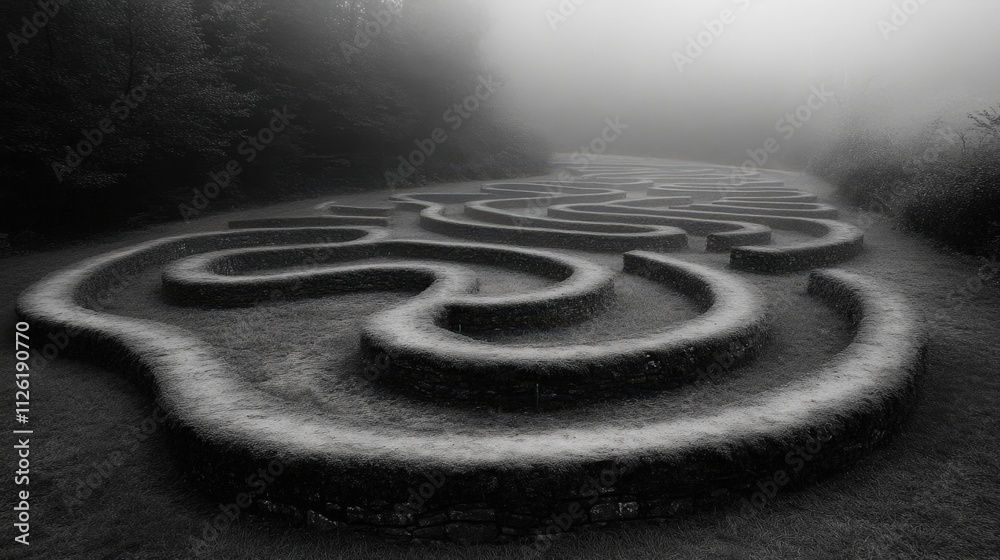 A misty labyrinth in a serene landscape creates a sense of mystery and reflection, Ideal for concepts such as navigation, introspection, or nature retreats, Suitable for blogs, articles A misty labyrinth in a serene landscape creates a sense of mystery and reflection, Ideal for concepts such as navigation, introspection, or nature retreats, Suitable for blogs, articles