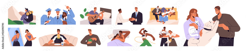 Positive life moments concept set. Happy people enjoy friends, self love, pets, family. Characters get pleasure from sex, food, travel, hobby, money, sport. Flat isolated vector illustrations on white Positive life moments concept set. Happy people enjoy friends, self love, pets, family. Characters get pleasure from sex, food, travel, hobby, money, sport. Flat isolated vector illustrations on white
