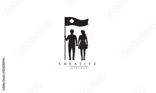 Two people with flag line black icon white background 