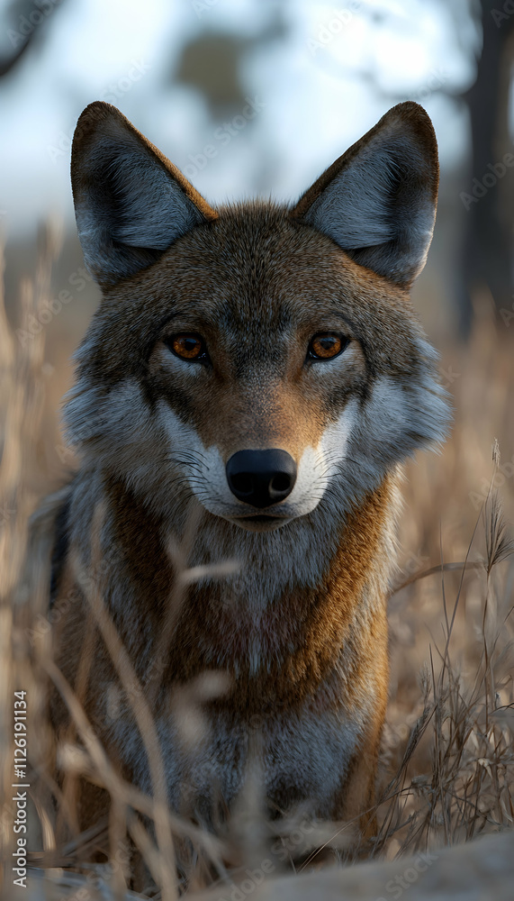 Close-up portrait of a red fox in tall grass, looking directly at the camera. Close-up portrait of a red fox in tall grass, looking directly at the camera.