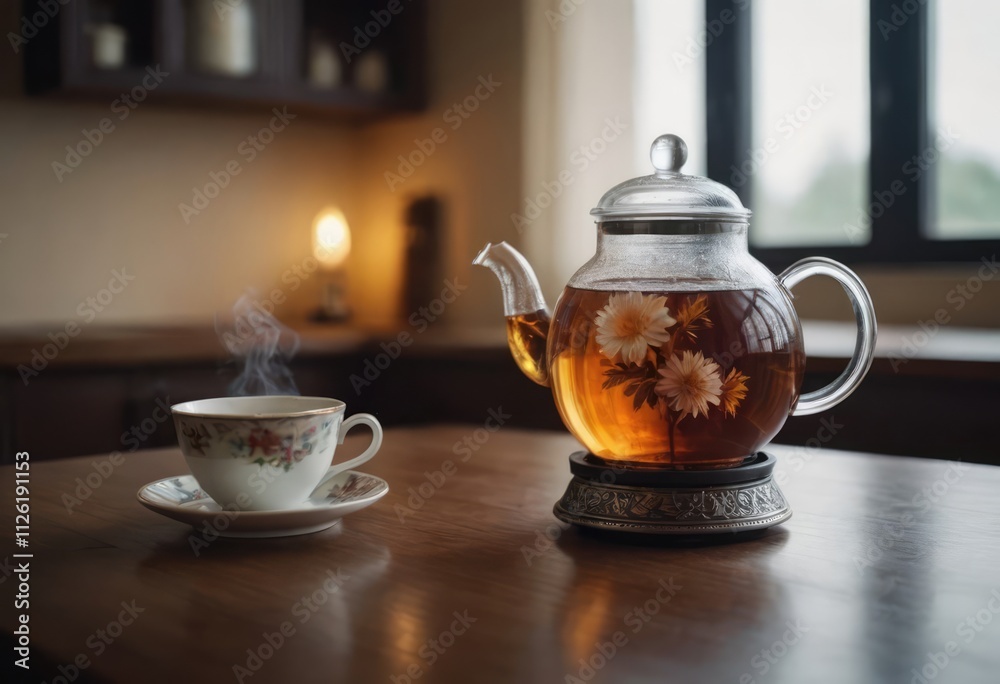A glass teapot with fragrant tea and flowers on a charming saucer A glass teapot with fragrant tea and flowers on a charming saucer