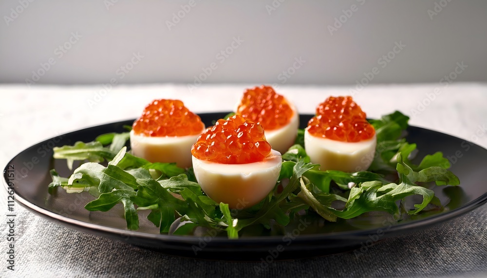 Quail eggs halved and topped with red caviar, served on a bed of fresh greens for a luxurious starter Quail eggs halved and topped with red caviar, served on a bed of fresh greens for a luxurious starter