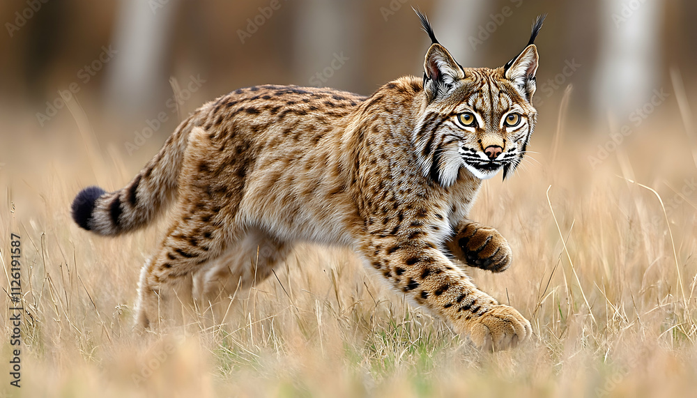 Fototapeta premium Eurasian lynx stalking through tall grass.
