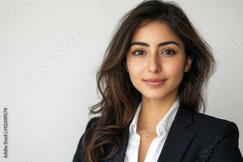 A woman in a business suit with long hair and a white shirt