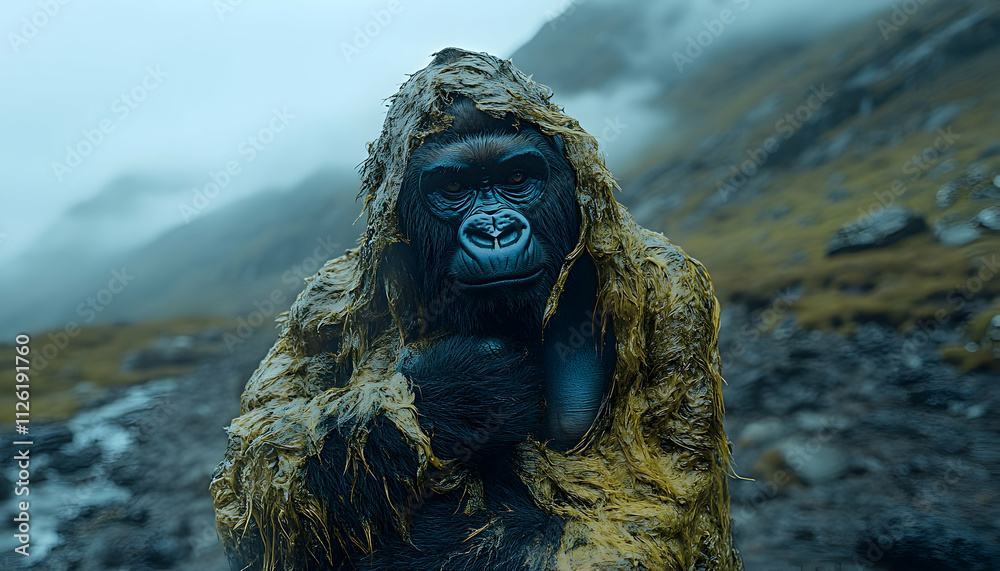 Obraz premium Gorilla covered in mud, gazing intensely.