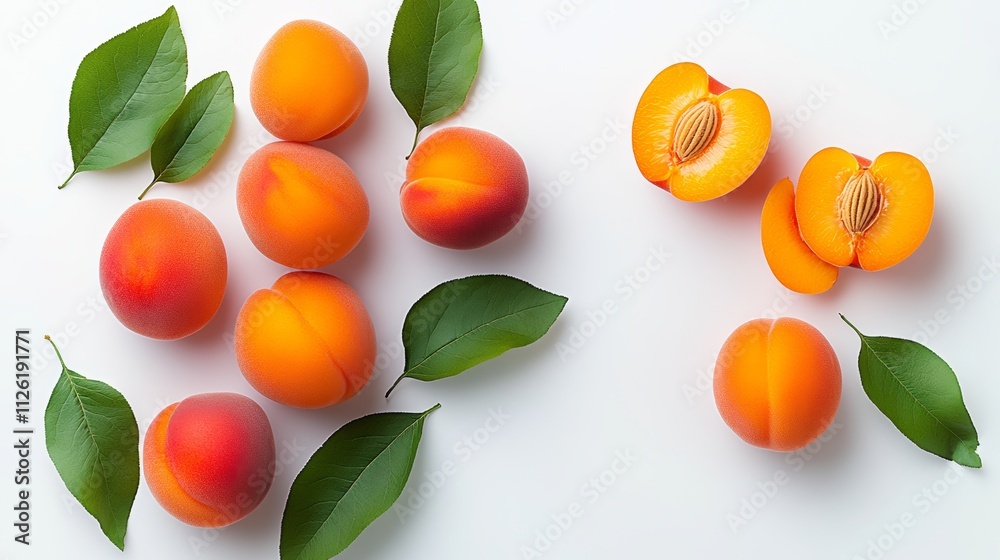 Bunch of oranges and leaves on a white background. The oranges are cut in half and the leaves are green Bunch of oranges and leaves on a white background. The oranges are cut in half and the leaves are green