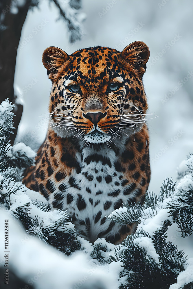 Majestic leopard with piercing blue eyes amidst snowy pines.
