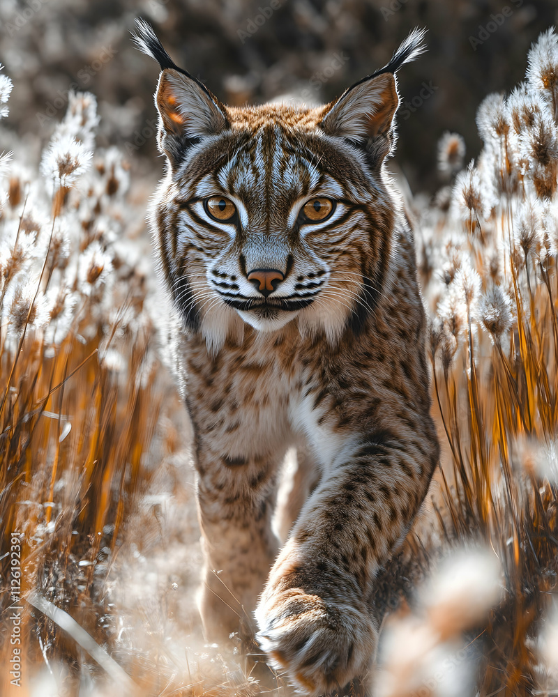 Majestic lynx walking towards camera in tall grass. Majestic lynx walking towards camera in tall grass.