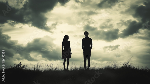 Couple silhouetted against cloudy sky, tense mood, arguing about their relationship in the field