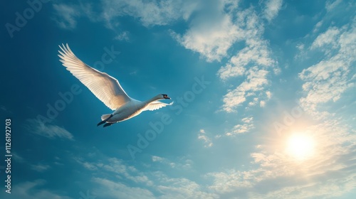 A swan gracefully flying against a bright sky