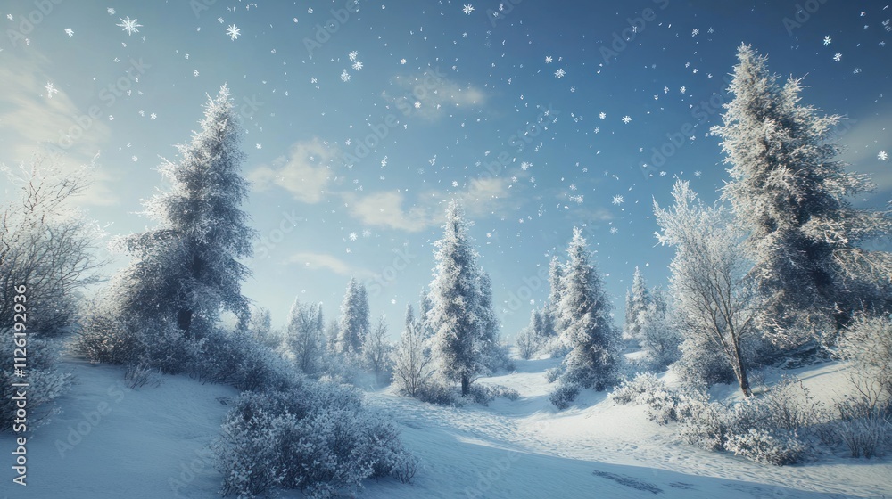 Snow covered winter forest scene with falling snowflakes Snow covered winter forest scene with falling snowflakes