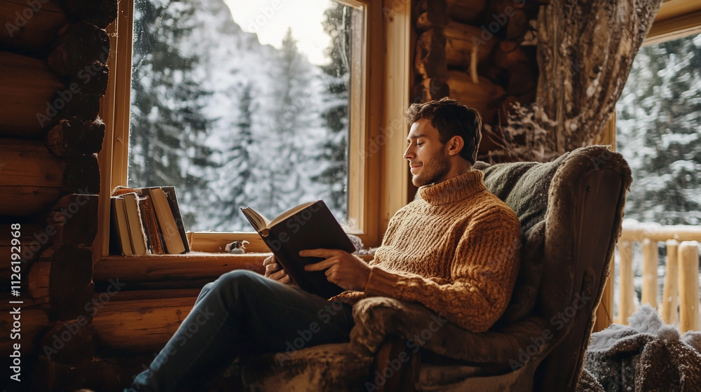 Young man in warm sweater reading book while relaxing on armchair by window inside cozy log cabin. Young man in warm sweater reading book while relaxing on armchair by window inside cozy log cabin.