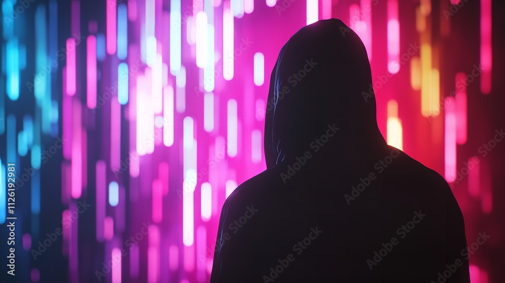 Silhouette of a Hooded Figure in Front of a Colorful Digital Background Silhouette of a Hooded Figure in Front of a Colorful Digital Background