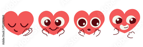 Vector set of red happy heart character different emoji on white background. Romantic flat style Valentine's Day illustrations to express feelings of love .