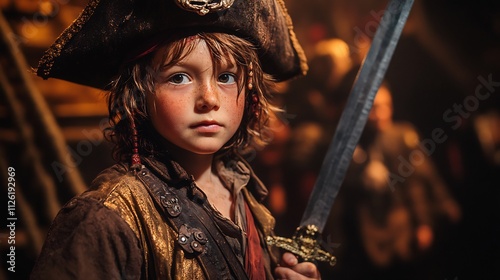 Young boy a pirate costume proudly holding a sword as he walks on a pirate shipthemed stage photo