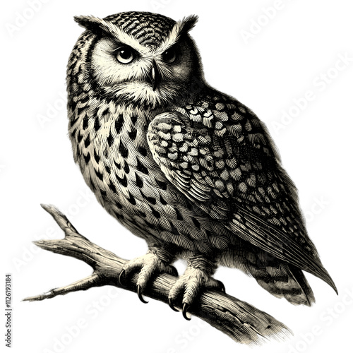 Vintage owl illustration, vintage owl engraving with detailed sketch, isolated on transparent background. Black and white PNG photo