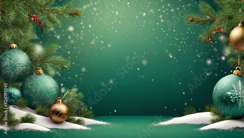 Christmas background with fir branches and balls, snowflakes on green background. Festive design template for winter holidays.
