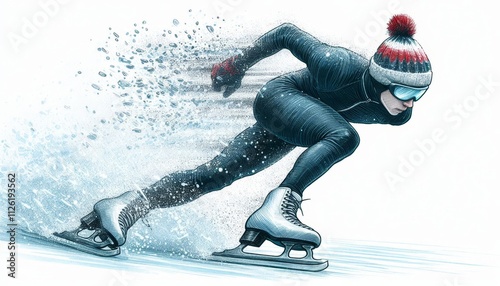 Speed skater in black suit and winter hat making a sharp turn on ice with snow spray. Winter sports watercolor illustration photo