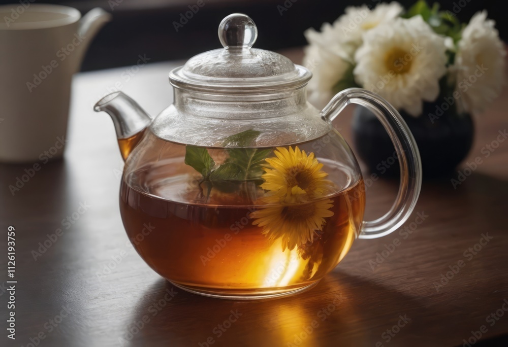 A glass teapot with tea and vibrant flowers sits elegantly on a table A glass teapot with tea and vibrant flowers sits elegantly on a table