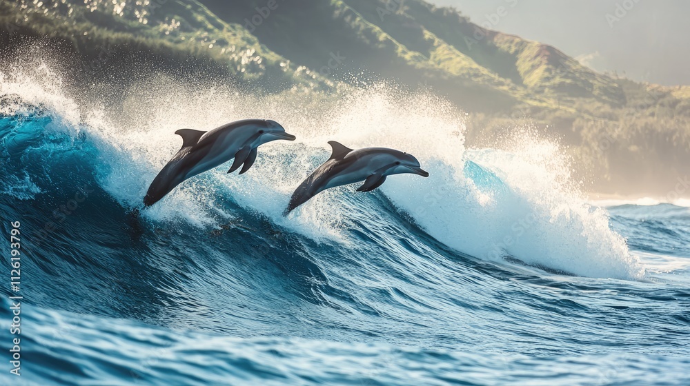 Naklejka premium Dolphins Leaping Through a Wave in the Ocean