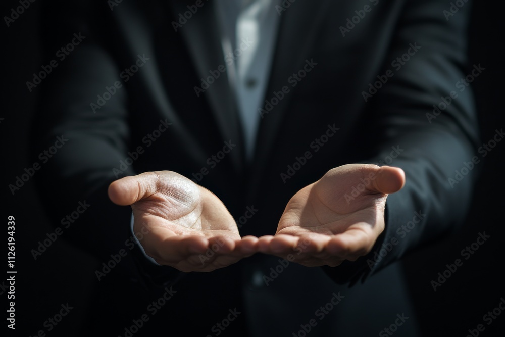 Fototapeta premium Businessman in Suit with Open Hands Offering Gesture on Dark Background