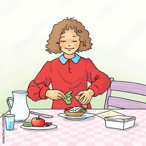A hungry little girl makes herself a sandwich.