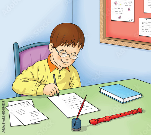 Little boy studying in his room.
