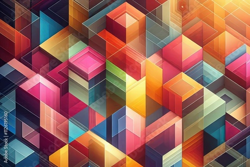 Vibrant abstract composition with interlocking colorful geometric blocks, creating a three-dimensional effect with warm and cool tones, resembling a modern cityscape or maze-like structure