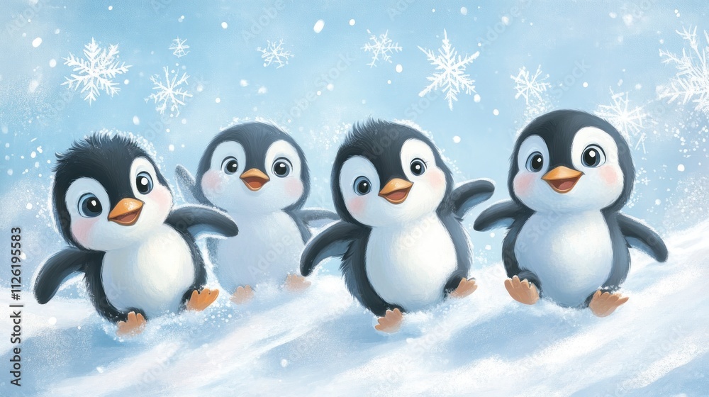 Fototapeta premium Four Adorable Penguins Playing in Winter Snow