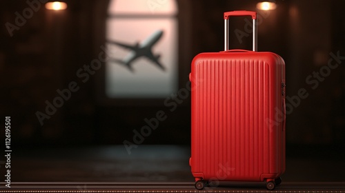 Luggage conveyor trip concept. A vibrant red suitcase stands against an airport backdrop with an airplane silhouette in the background. photo