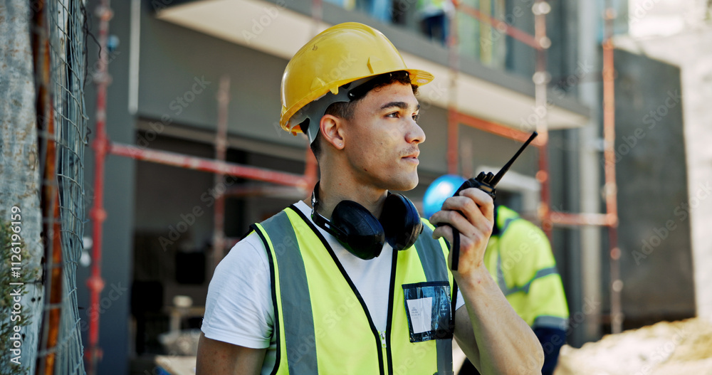 Contractor, engineering and man with radio, communication and building development. Employees, coworkers and management for renovation, construction site and safety with helmet, talk and architecture Contractor, engineering and man with radio, communication and building development. Employees, coworkers and management for renovation, construction site and safety with helmet, talk and architecture