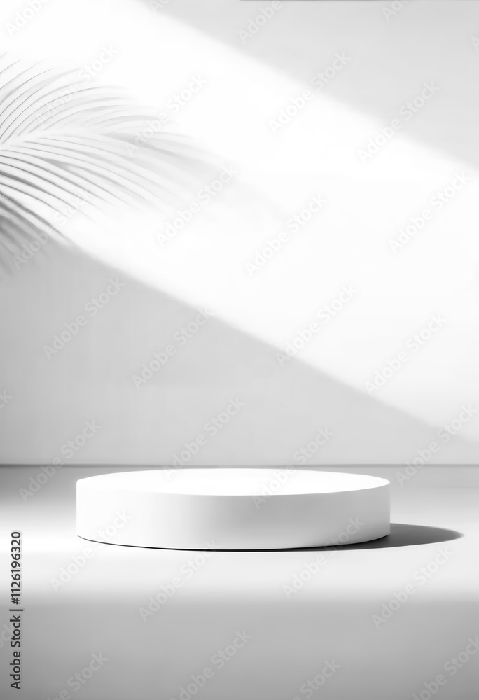 Fototapeta premium Minimal white circular podium on summer-inspired background, designed for showcasing cosmetics or beauty products, Modern 3D platform with soft natural lighting. Created with generative AI technology