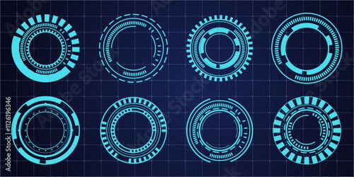 Hud aim pointer optical target, Futuristic focus range indicators, laser crosshair collimator sight. Measurement sniper for sniper gun. Game interface design ui element