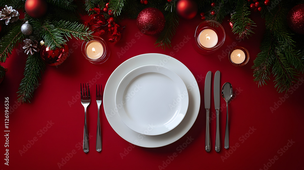 Festive dining table setting with empty plates and holiday decorations in a warm atmosphere Festive dining table setting with empty plates and holiday decorations in a warm atmosphere