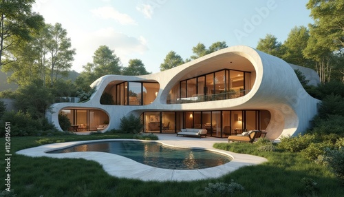 The organic-shaped building is modern in style, with large abstract windows that allow ample natural light to illuminate the interior. The exterior landscaping is cleverly designed, with greenery care