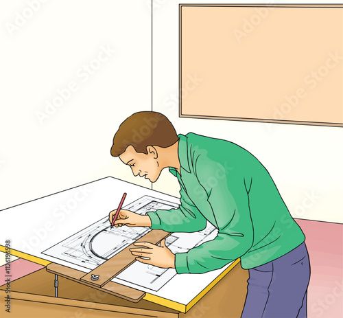 Young architect working on his project on a drawing board, colorful character vector Illustration.