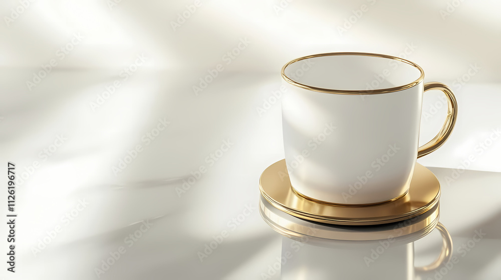 Elegant white mug mockup with gold accents on a glossy coaster in a minimalist setting Elegant white mug mockup with gold accents on a glossy coaster in a minimalist setting