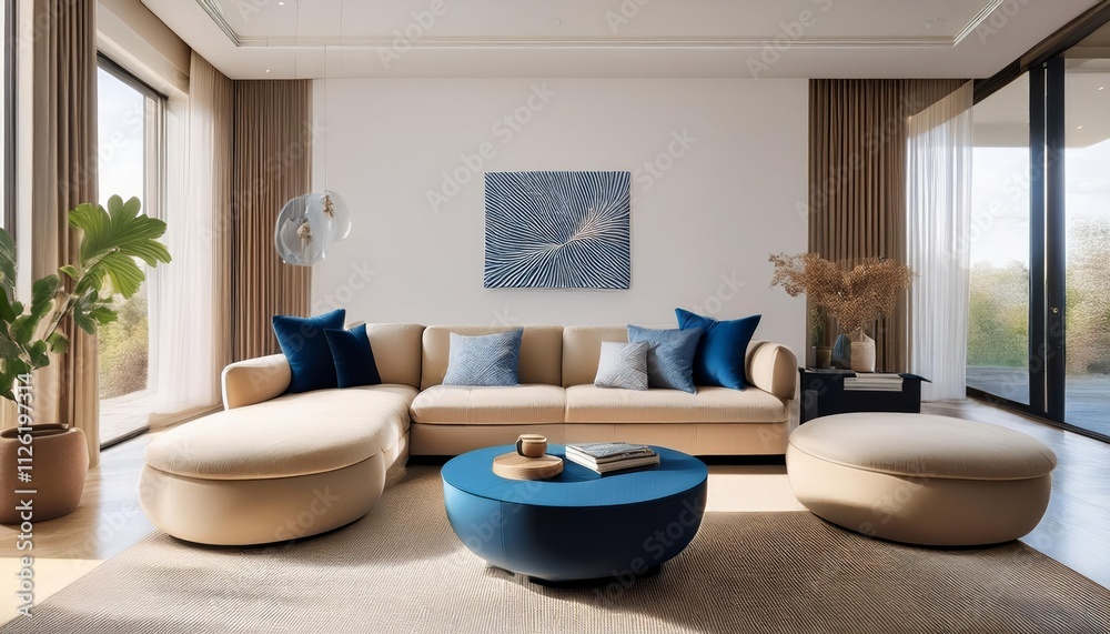 Modern living room with blue round table, beige poufs, large beige sofa, wooden cabinets, and abstract wall art, illuminated by natural light Modern living room with blue round table, beige poufs, large beige sofa, wooden cabinets, and abstract wall art, illuminated by natural light