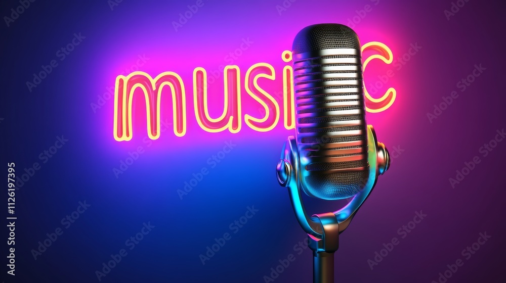 Microphone is lit up with the word music on it Microphone is lit up with the word music on it