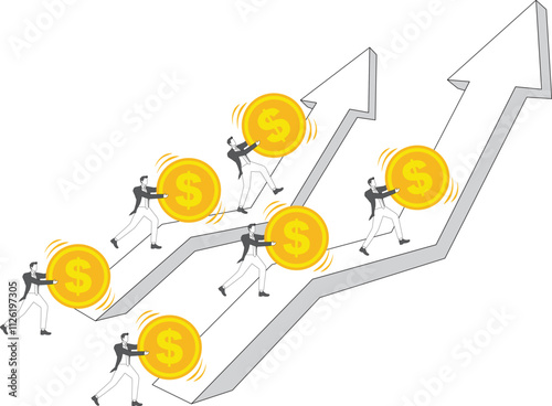 Marketing market prices or stock market price fluctuations, business financial roller coasters, uncertainty of investment losses or profits, traders pushing gold coins on up and down arrows