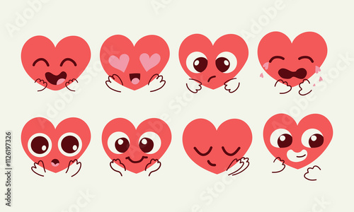 Vector set of red happy heart character different emoji on white background. Romantic flat style Valentine's Day illustrations to express feelings of love .