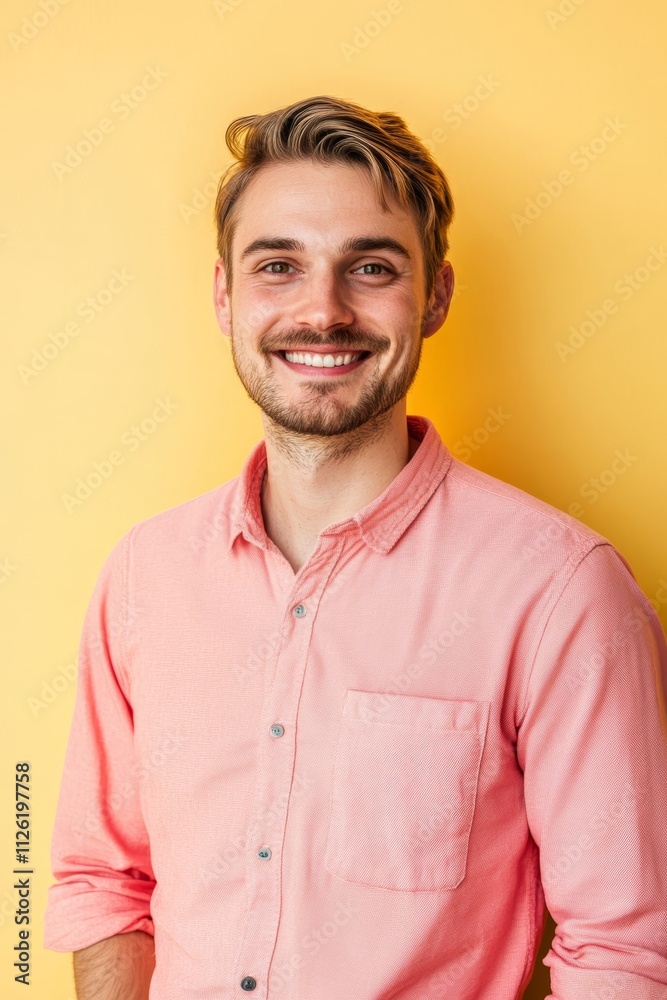 A man in a pink shirt is smiling A man in a pink shirt is smiling