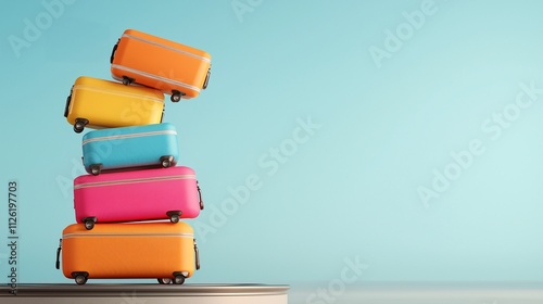 Luggage conveyor trip concept. Colorful stacked luggage against a light blue background, symbolizing travel and adventure.