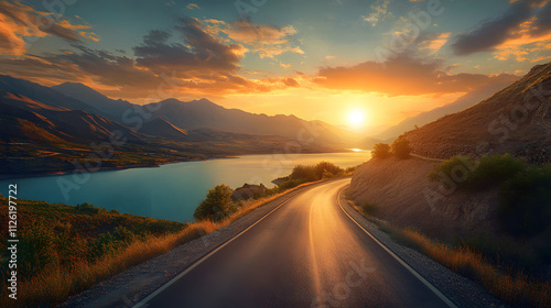 Sunset over a winding road beside a tranquil lake surrounded by mountains in a serene landscape