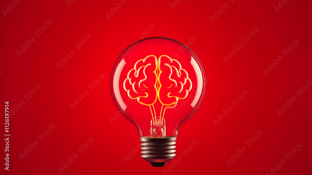 brain icon inside a shiny round light bulb on a red background. Generative AI brain icon inside a shiny round light bulb on a red background. Generative AI