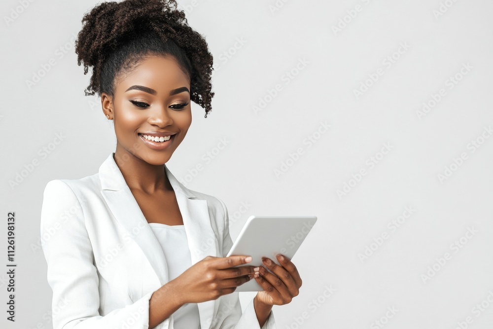Professional Woman in White Suit Using Tablet Against Neutral Background Professional Woman in White Suit Using Tablet Against Neutral Background