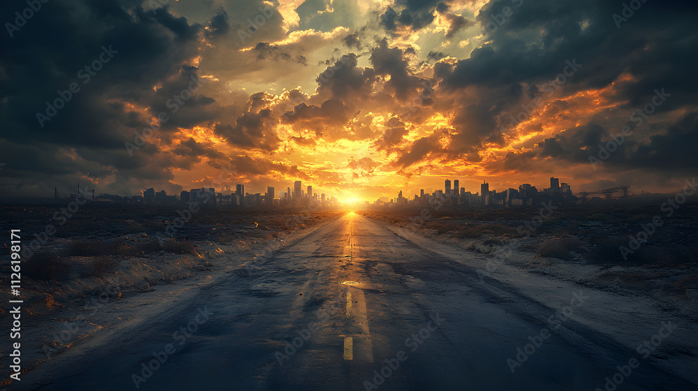 Sunset over a deserted highway leading to the city skyline against dramatic and colorful clouds Sunset over a deserted highway leading to the city skyline against dramatic and colorful clouds